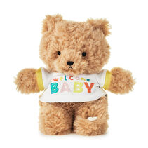 Teddy bear wearing a shirt that says "welcome baby"