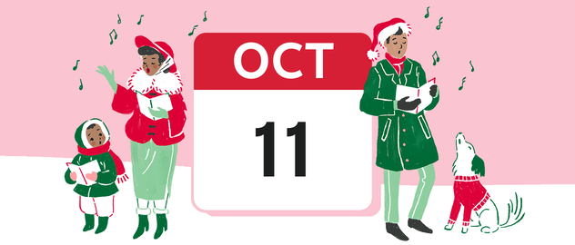 Calendar date for October 11 surrounded by illustrated family caroling. 