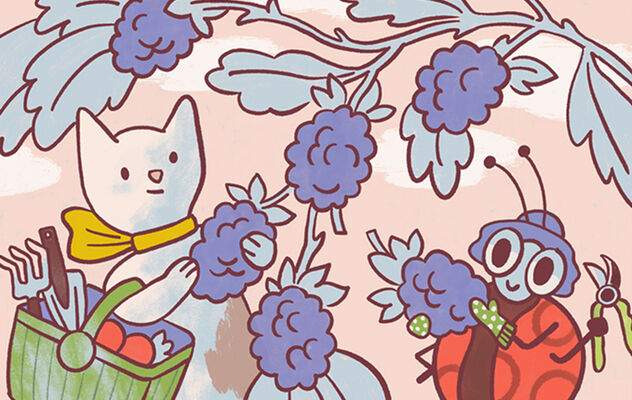 Illustration of cat and ladybug plucking grape clusters