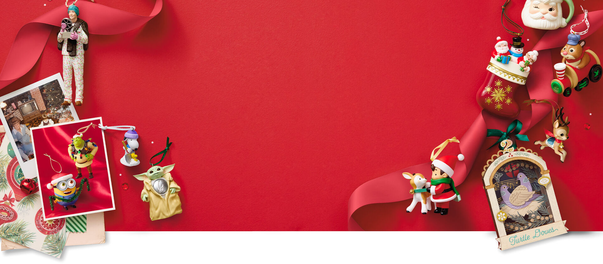 Ornaments and vintage photos on a red background